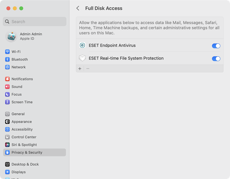 Full disk access system settings