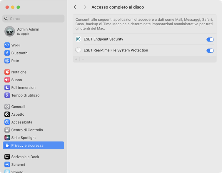 Impostazioni di sistema per l’accesso completo al disco Impostazioni di sistema per l’accesso completo al disco