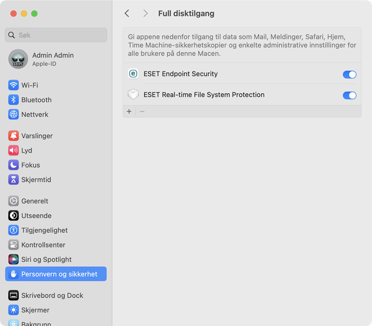 Systeminnstillinger for full disktilgang