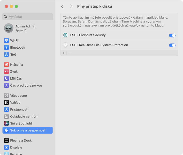 Systémové nastavenia plného prístupu k disku