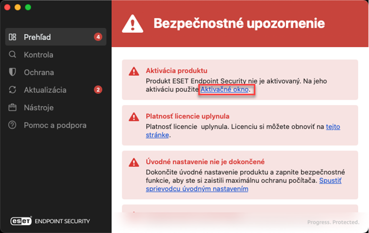 Sekcia Prehľad v programe ESET Endpoint Security