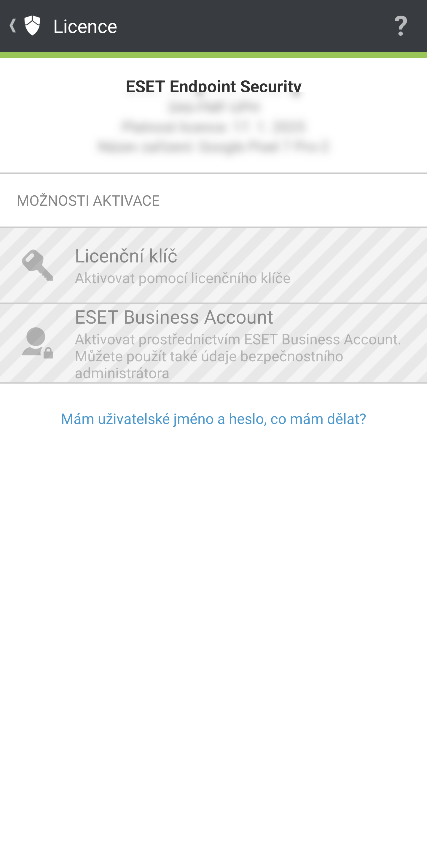 Aktivační obrazovka Aktivační obrazovka