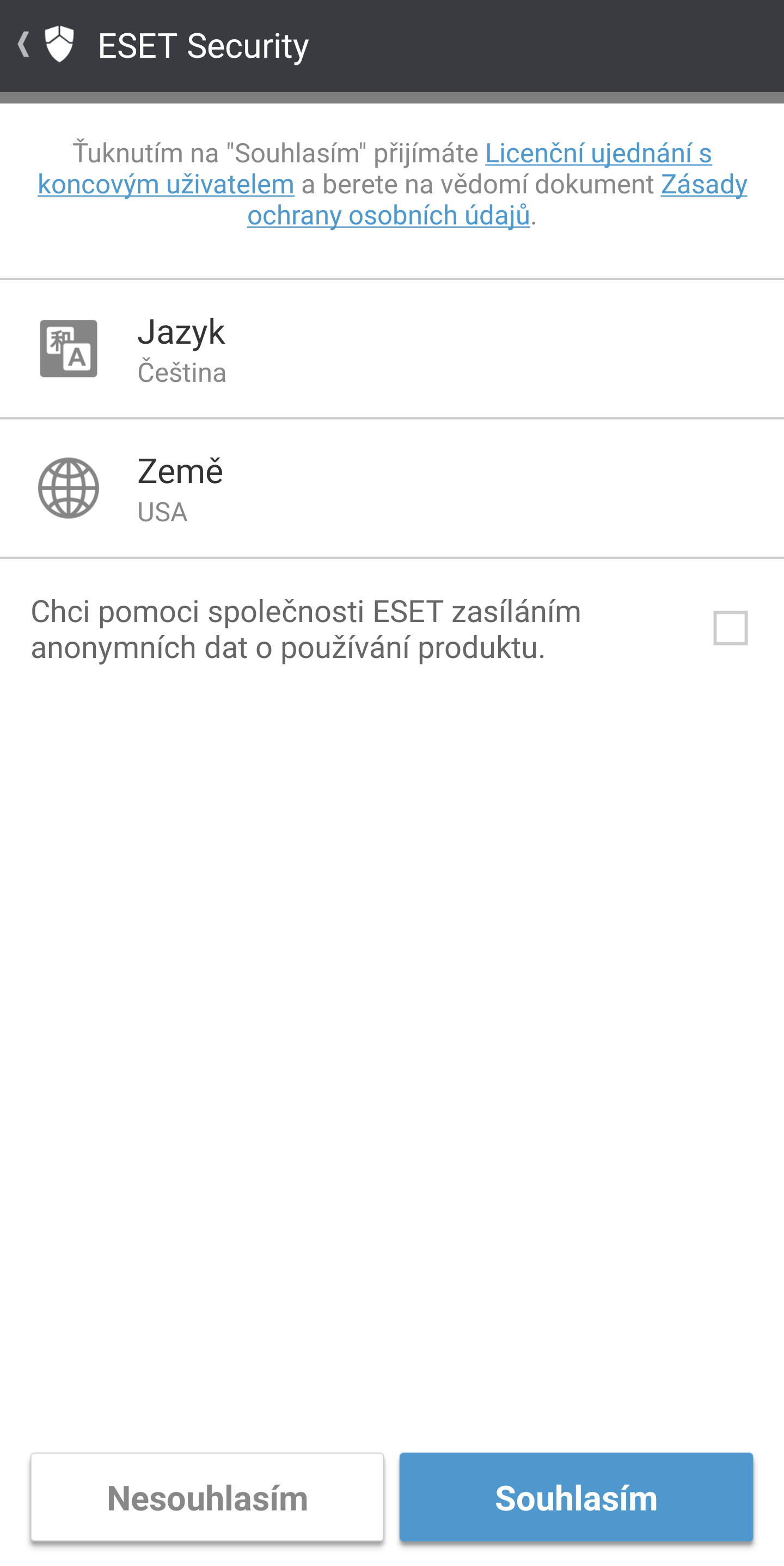 Výběr jazyka a země Výběr jazyka a země