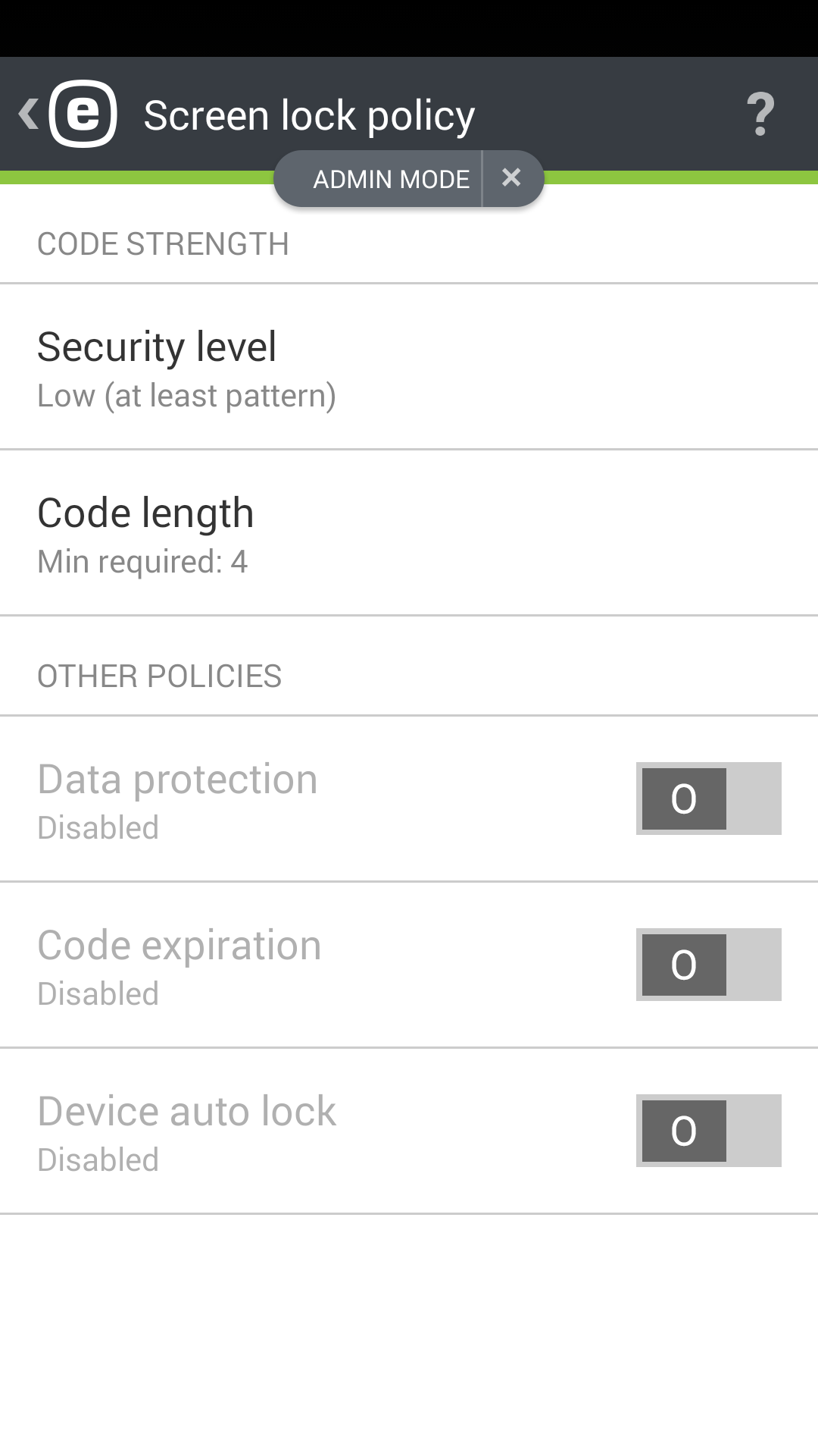 Screen lock policy Screen lock policy