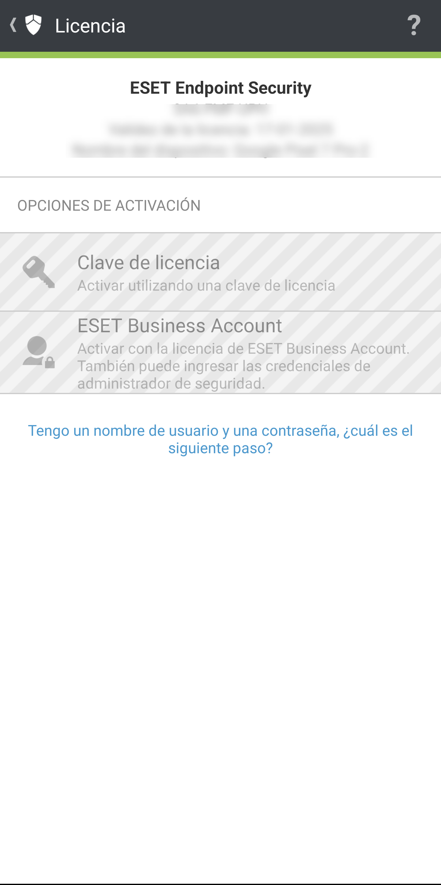 Pantalla de activación