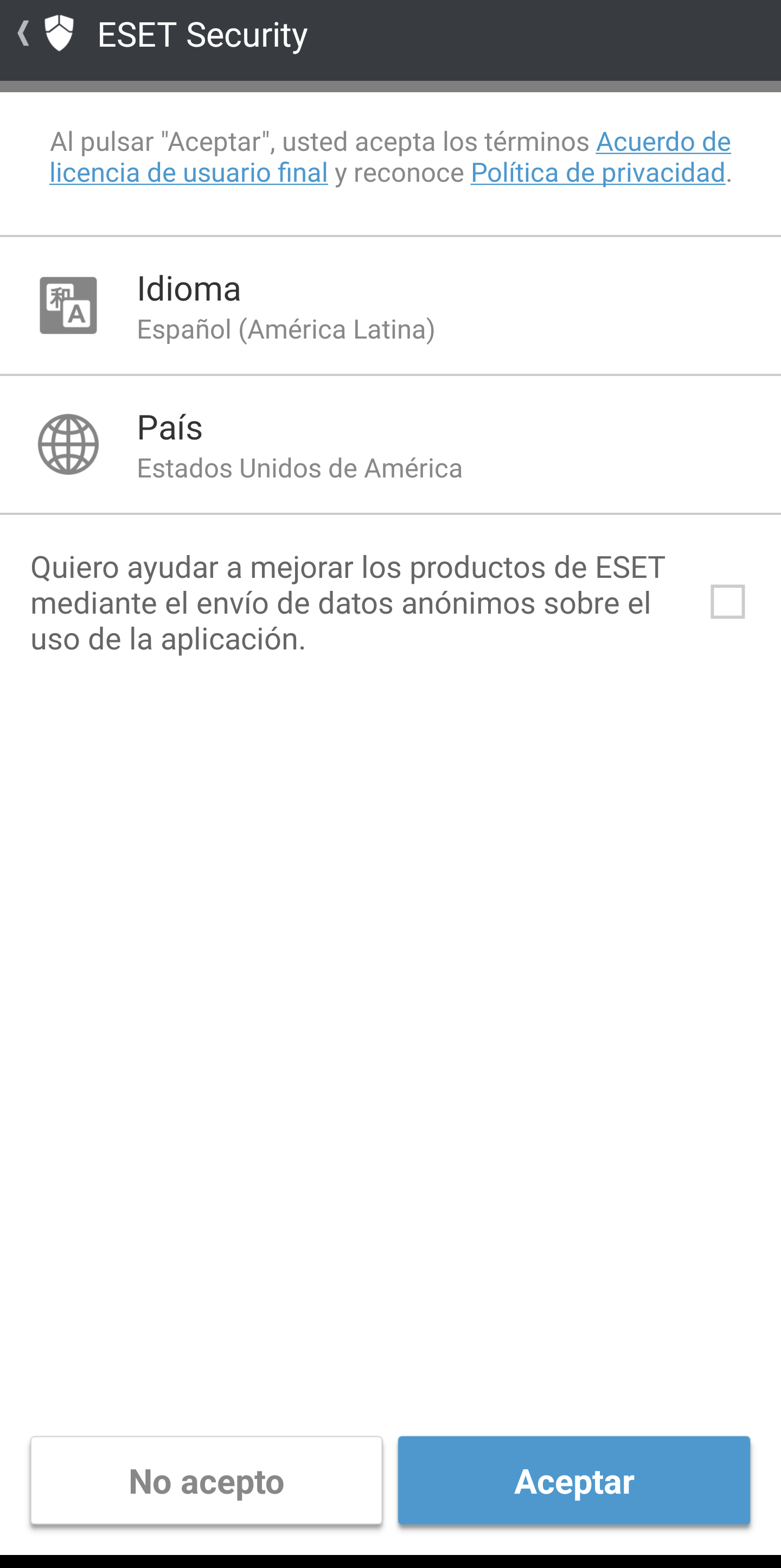 Selección de idioma y país