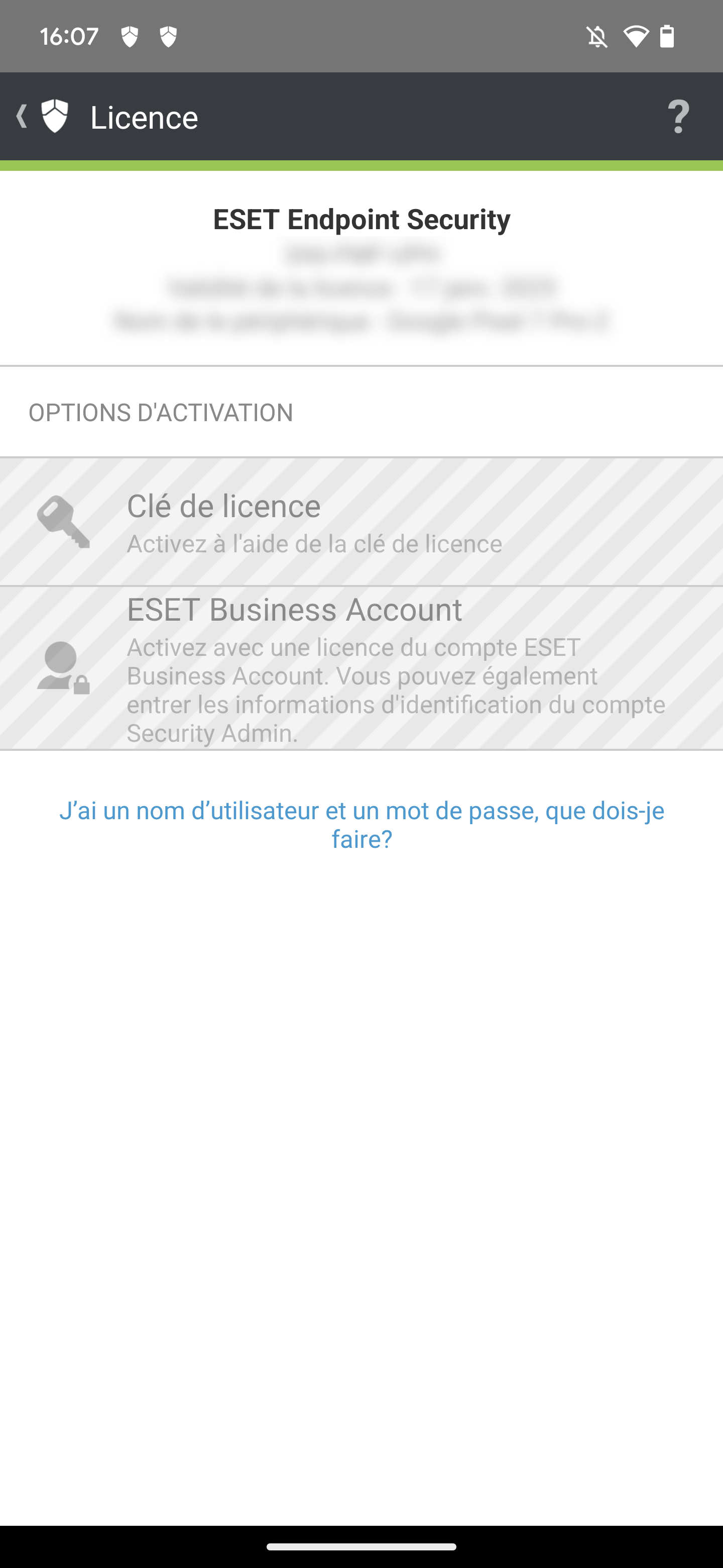 Écran d'activation