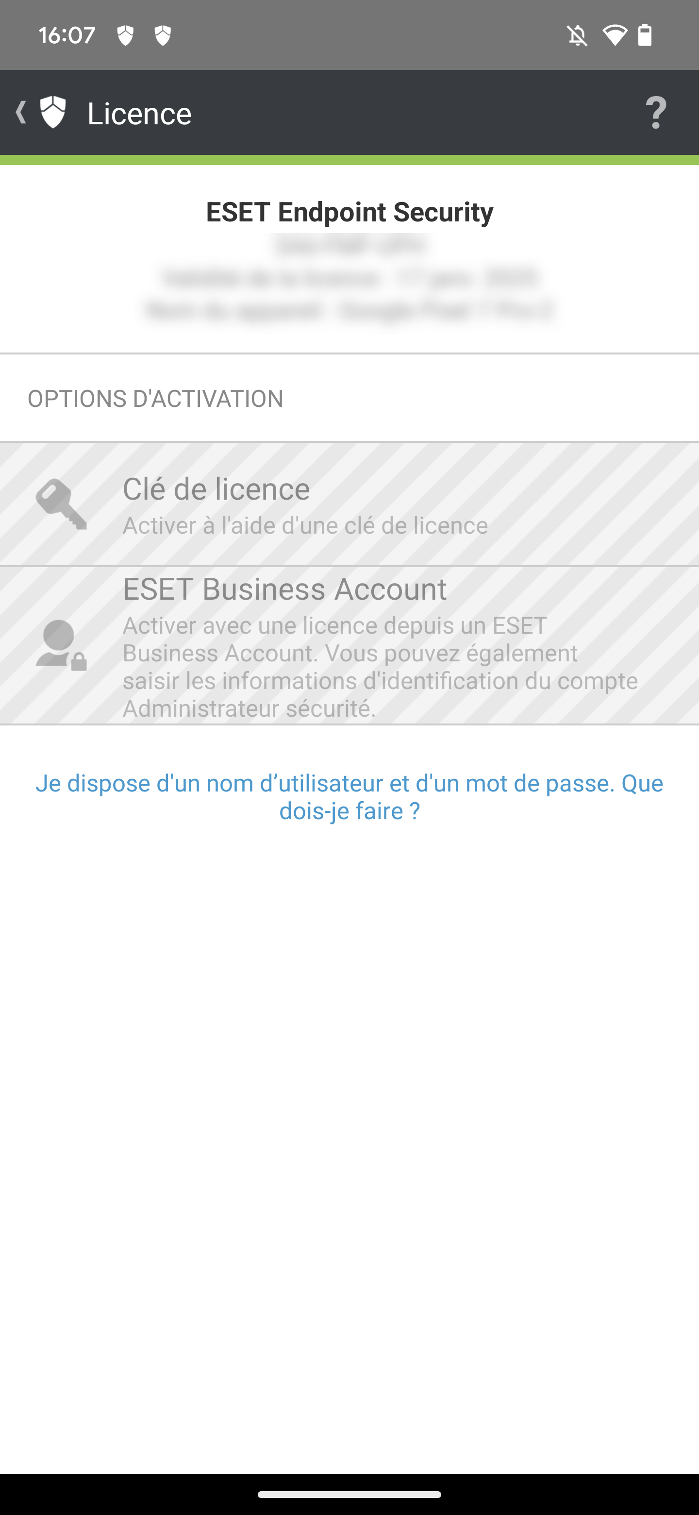 Écran d'activation