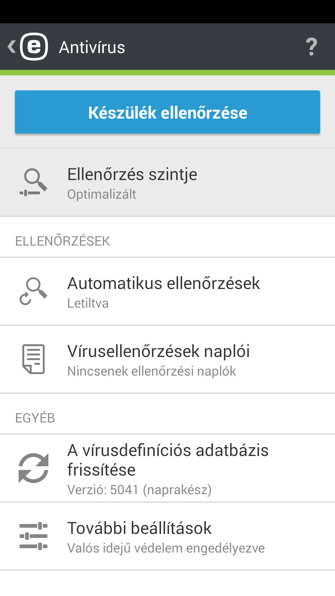 Az Antivírus opciói