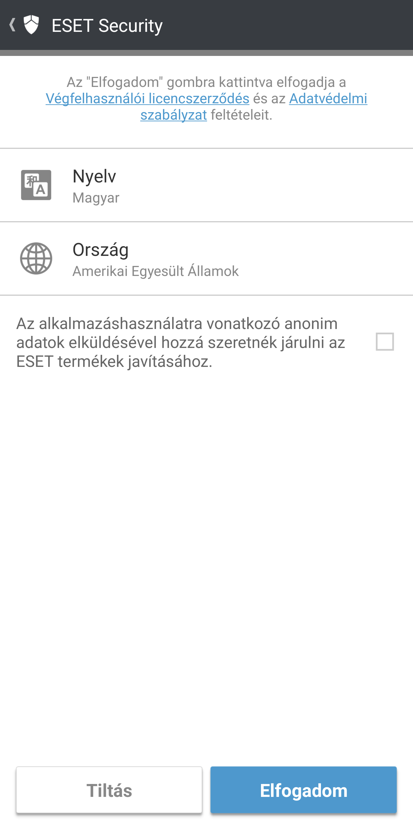 Nyelv és ország kiválasztása