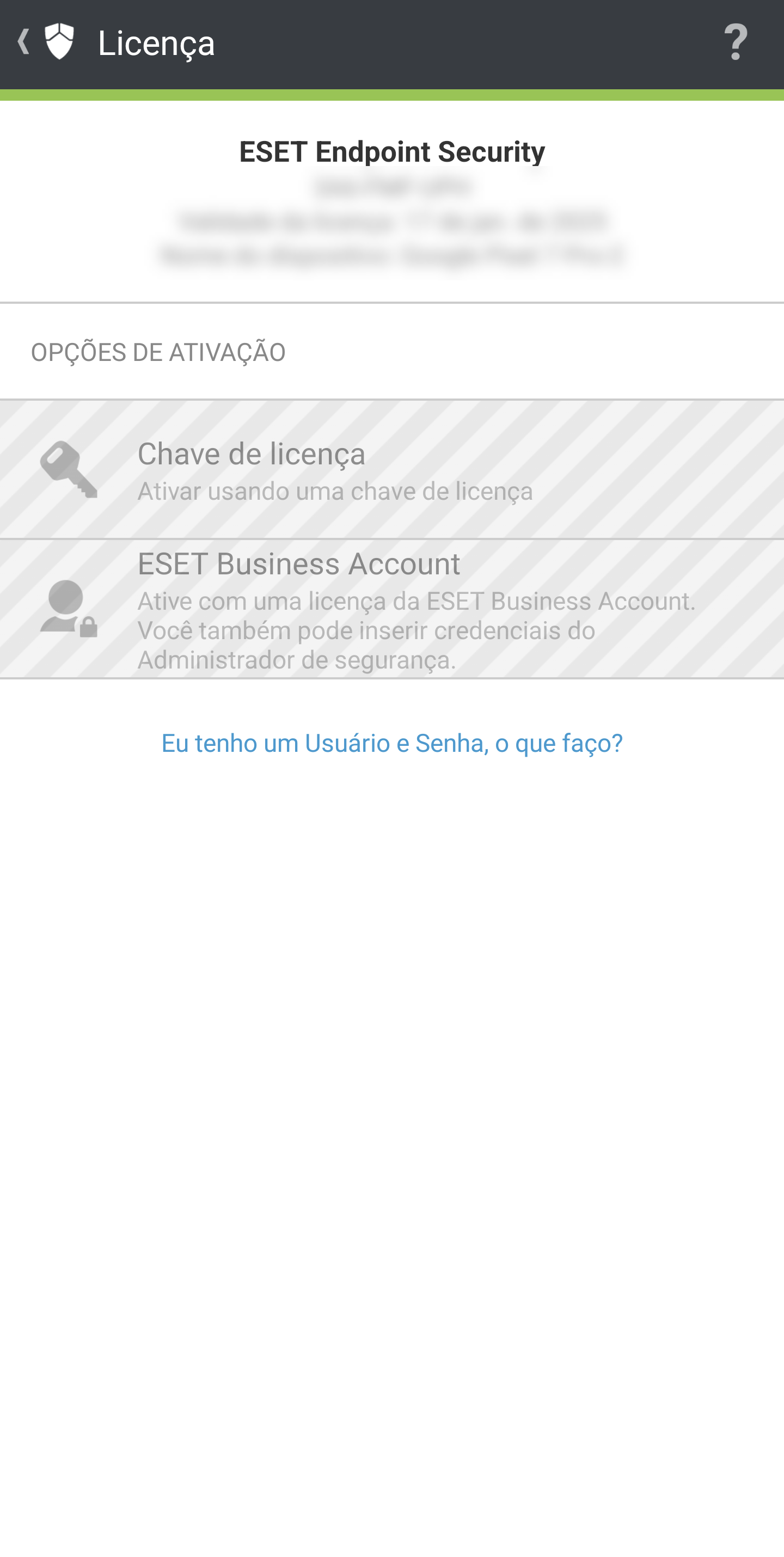Tela de ativação Tela de ativação