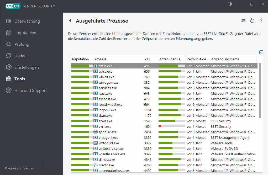 ESET Server Security Ausgeführte Prozesse ESET Server Security Ausgeführte Prozesse
