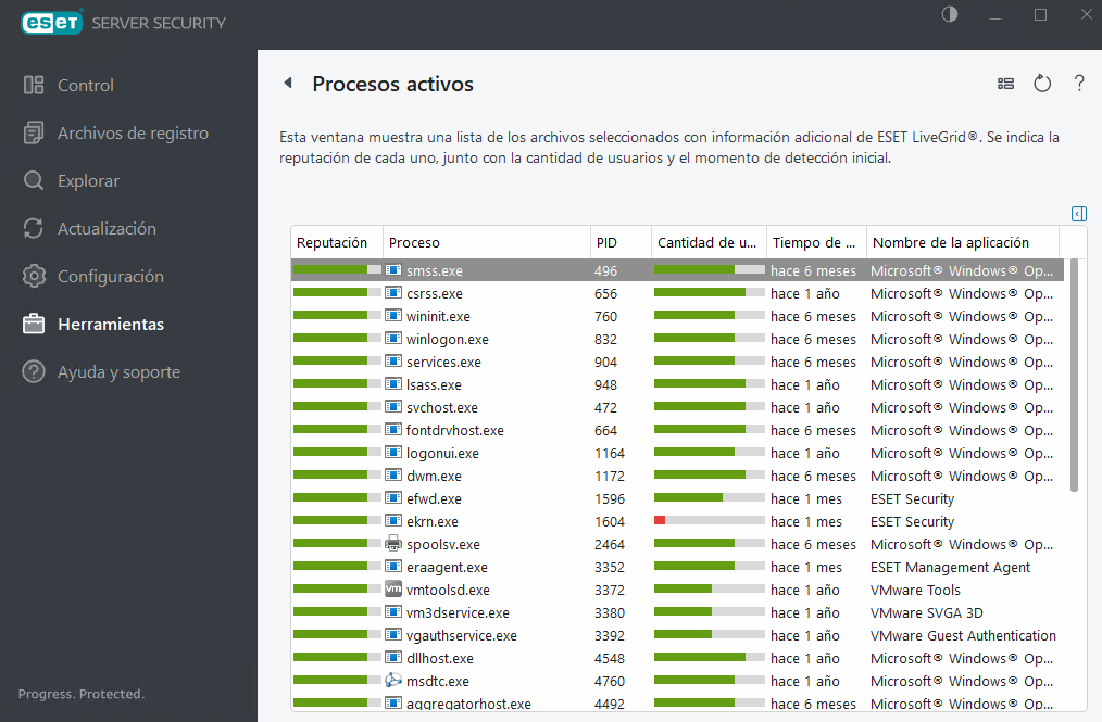 ESET Server Security Procesos activos ESET Server Security Procesos activos