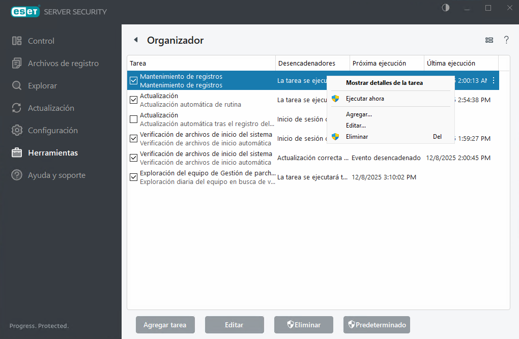 ESET Server Security Tareas programadas ESET Server Security Tareas programadas