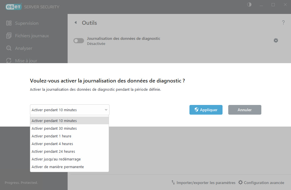 ESET Server Security Outils - Journalisation des données de diagnostic