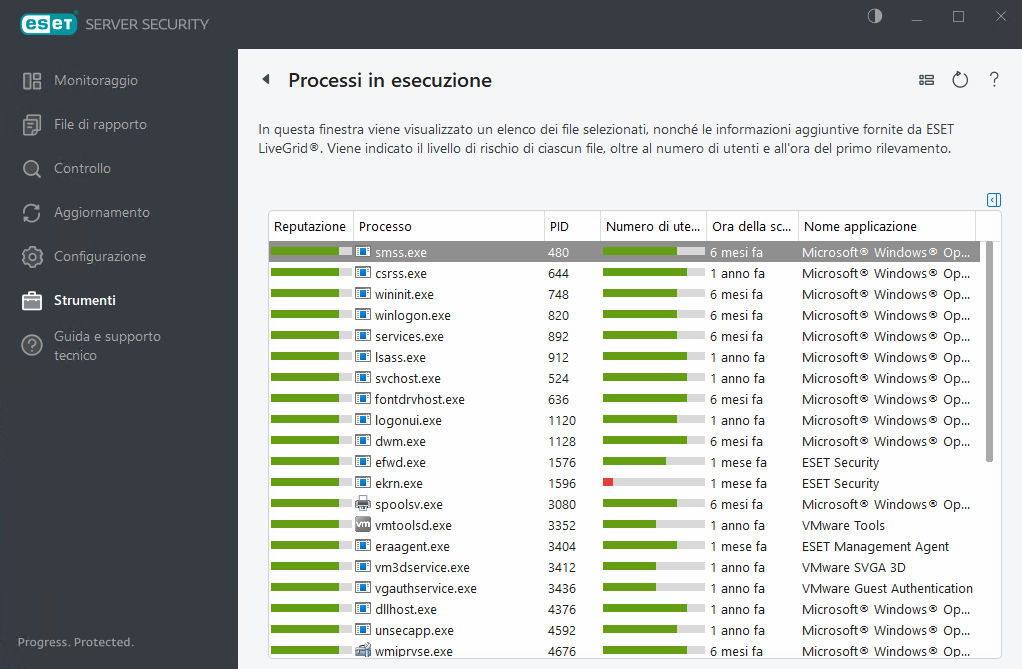 ESET Server Security Processi in esecuzione