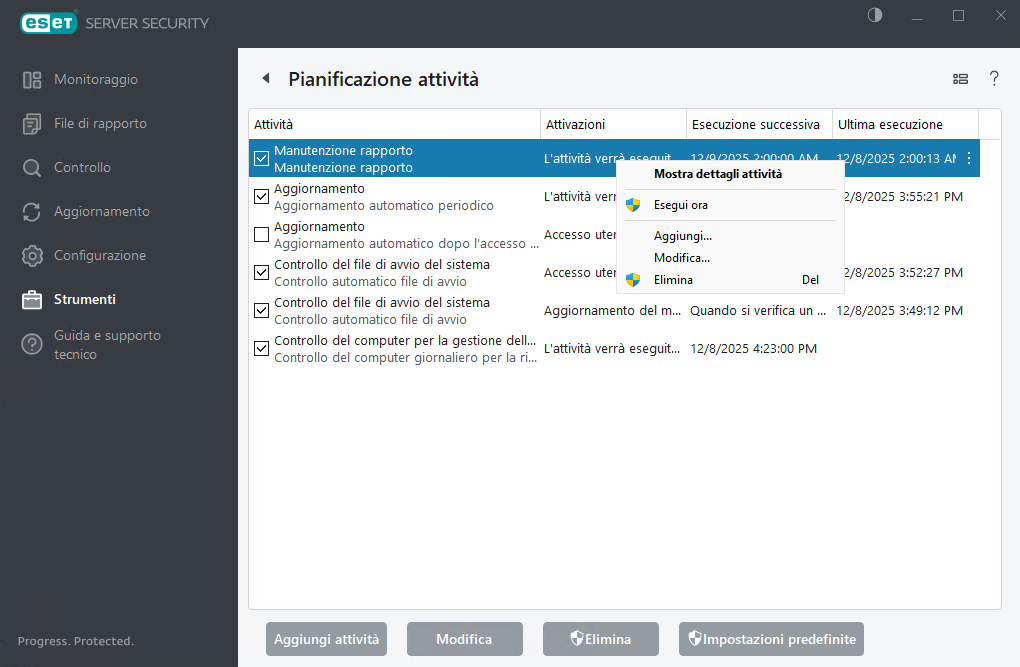 ESET Server Security Pianificazione attività ESET Server Security Pianificazione attività