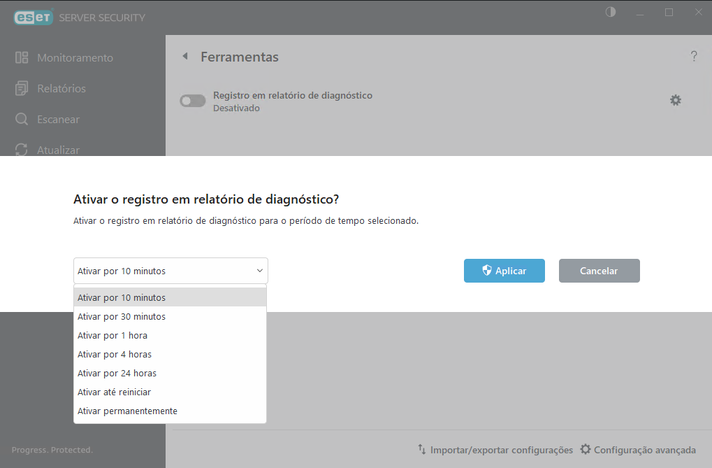 ESET Server Security Ferramentas - Registro em relatório de diagnóstico