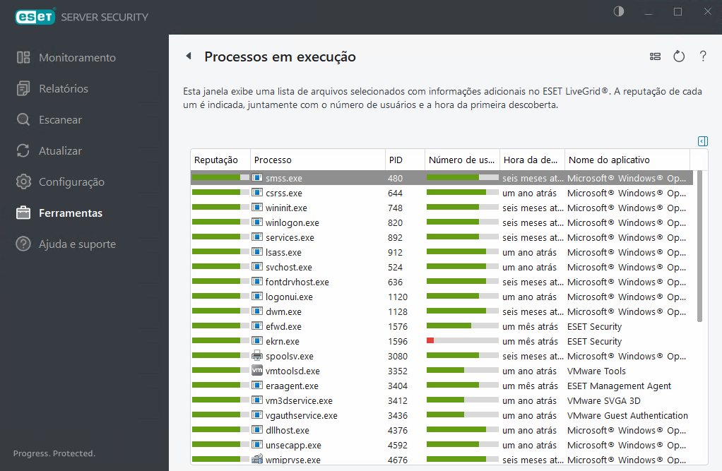 ESET Server Security Processos em execução