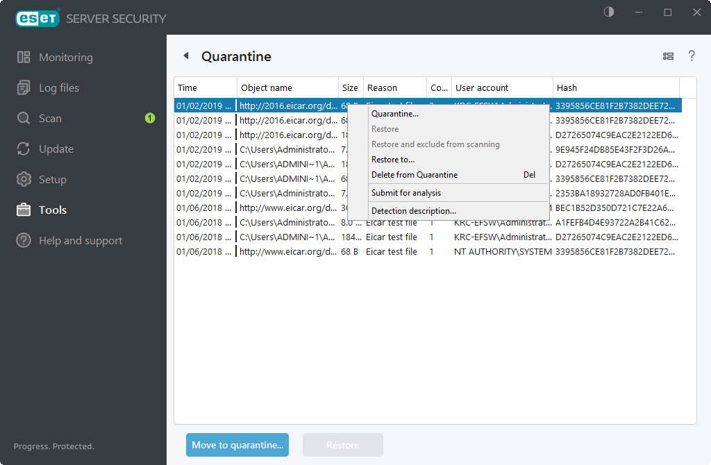 ESET Server Security Quarantena ESET Server Security Quarantena