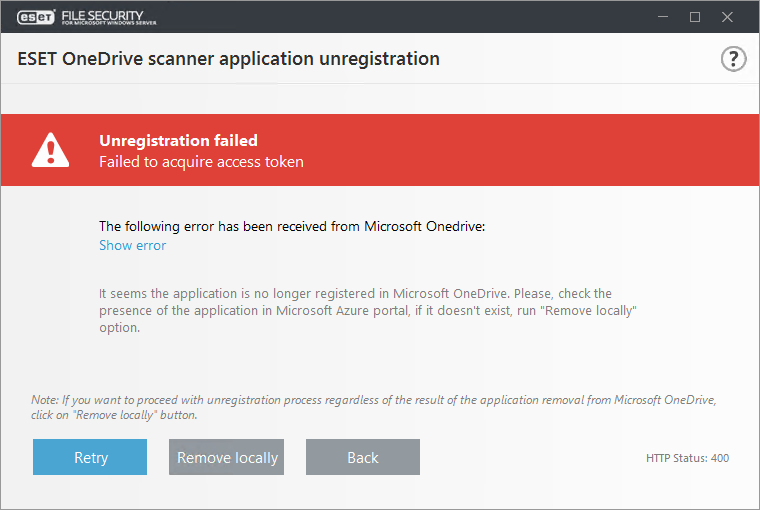 ESET OneDriveスキャナーの登録解除エラー ESET OneDriveスキャナーの登録解除エラー