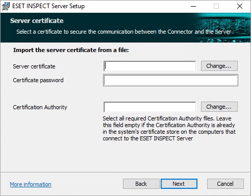 Change the path to the ESET Inspect Server certificate and Certificate Authority and type the certificate password in the ESET Inspect Server installer. Change the path to the ESET Inspect Server certificate and Certificate Authority and type the certificate password in the ESET Inspect Server installer.