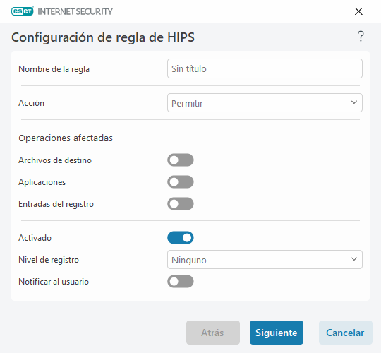 Configuración de regla de HIPS