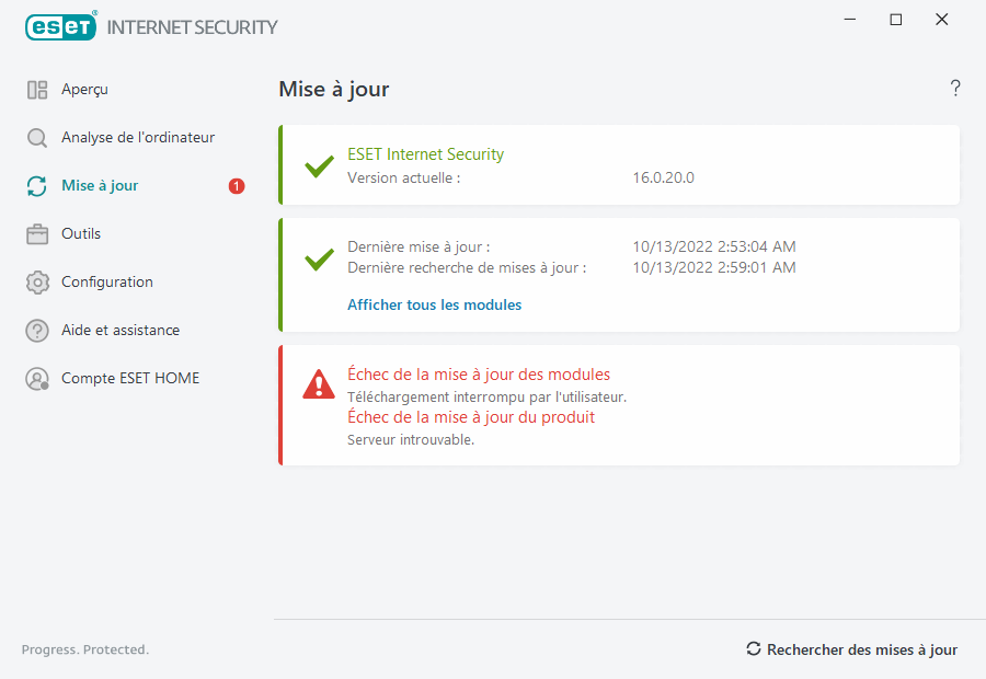 Échec de la mise à jour des modules