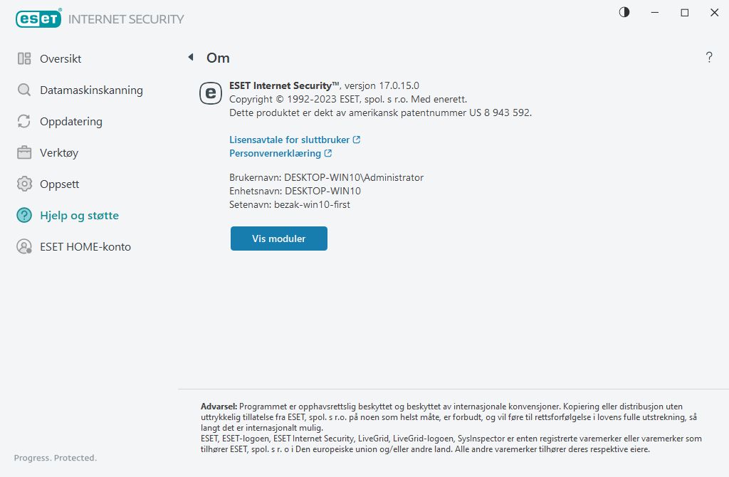 Detaljer om den installerte versjonen Detaljer om den installerte versjonen