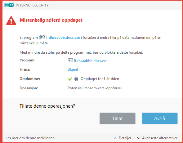Potensiell ransomware-oppførsel gjenkjent Potensiell ransomware-oppførsel gjenkjent