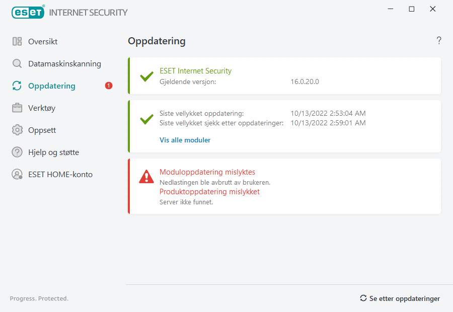 Moduloppdatering mislyktes Moduloppdatering mislyktes
