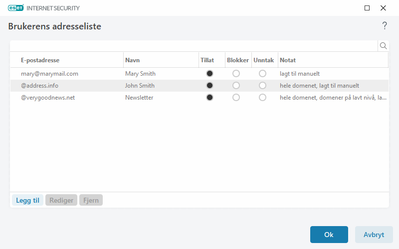 Brukerens adresseliste Brukerens adresseliste