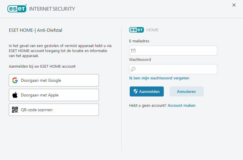Aanmelden bij ESET HOME