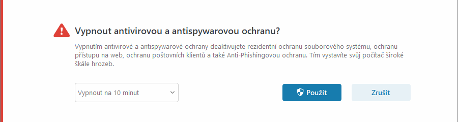 Vypnutí oznámení antivirové a antispywarové ochrany