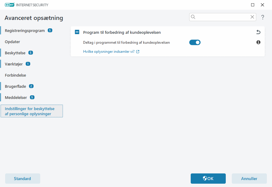 Indstillinger for beskyttelse af personlige oplysninger Indstillinger for beskyttelse af personlige oplysninger