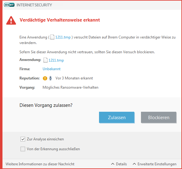 Mögliches Ransomware-Verhalten erkannt Mögliches Ransomware-Verhalten erkannt