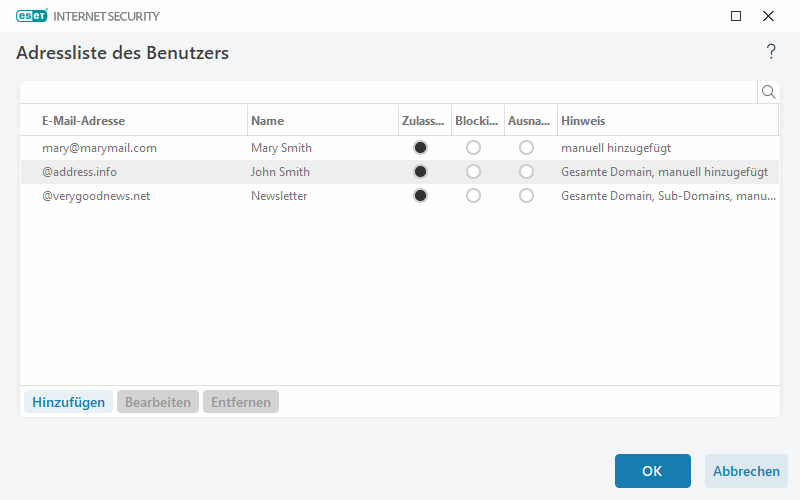 Adressliste des Benutzers Adressliste des Benutzers