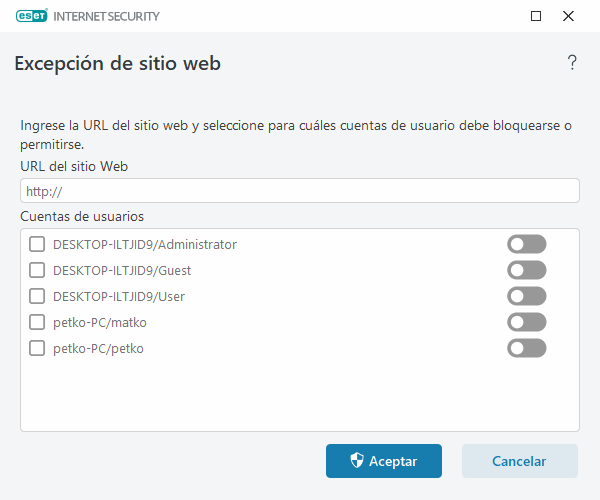 Excepción de sitio web