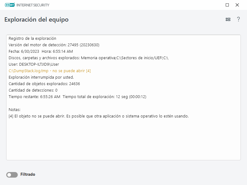 Registro de exploración del equipo
