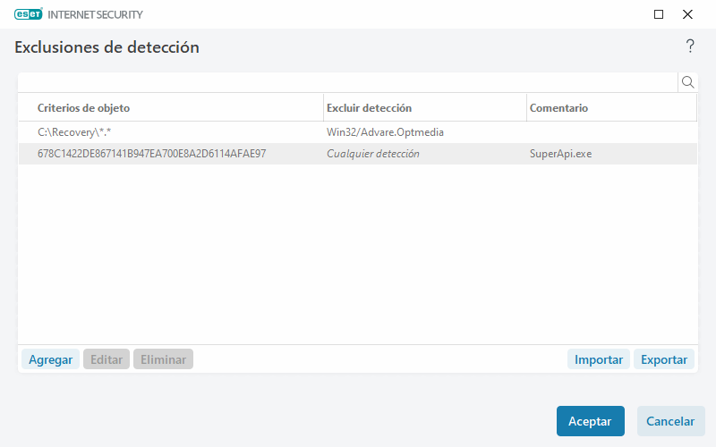 Exclusiones de detección Exclusiones de detección