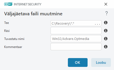 Väljajäetava faili muutmine Väljajäetava faili muutmine