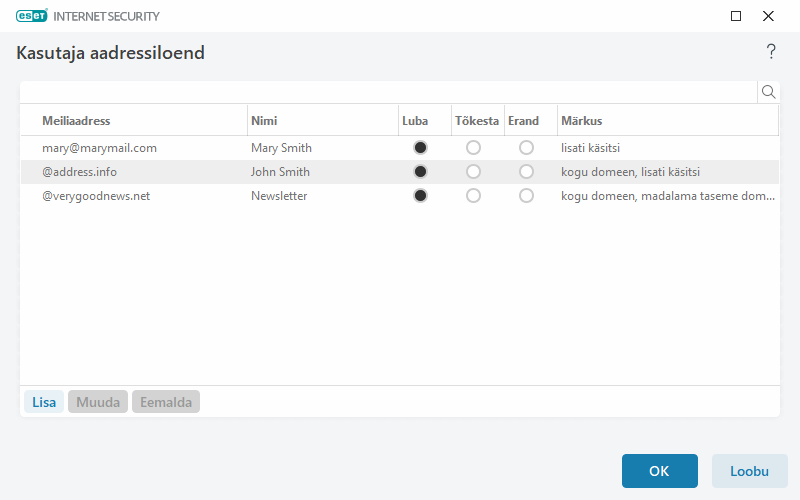 Kasutaja aadressiloend Kasutaja aadressiloend