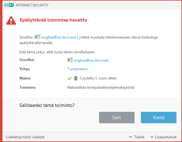 Mahdollista kiristyshaittaohjelmakäytöstä havaittu Mahdollista kiristyshaittaohjelmakäytöstä havaittu