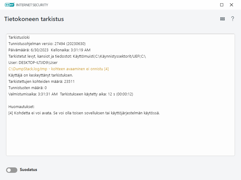 Tietokoneen tarkistuksen loki