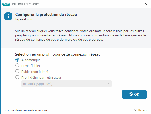 Connexion au réseau détectée Connexion au réseau détectée