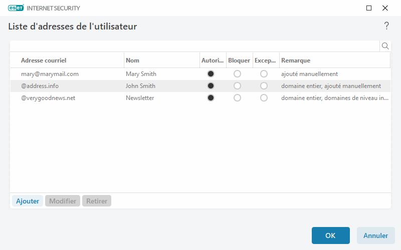 Liste d'adresses de l'utilisateur Liste d'adresses de l'utilisateur