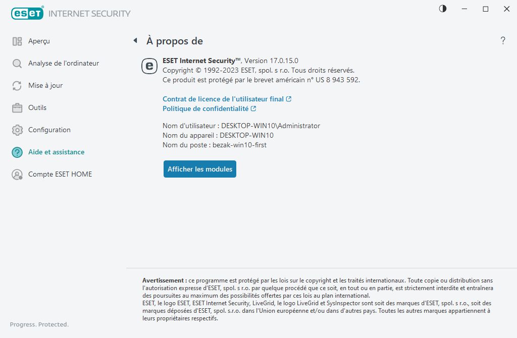 Informations détaillées sur la version installée