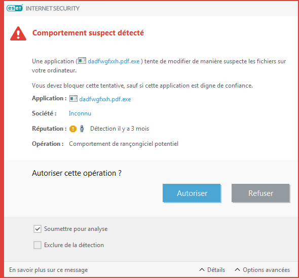 Comportement de rançongiciel potentiel détecté Comportement de rançongiciel potentiel détecté