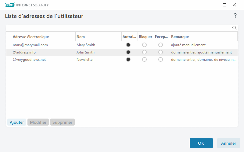Liste d’adresses de l’utilisateur