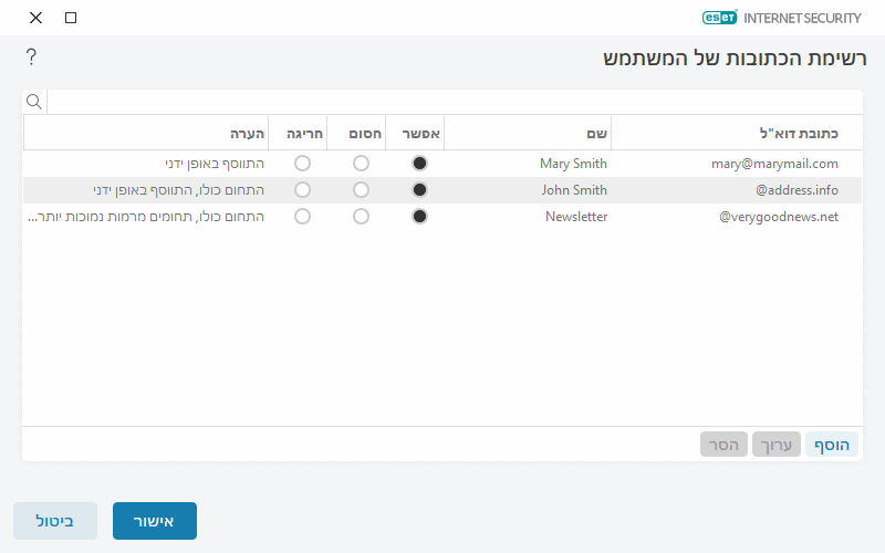 רשימת הכתובות של המשתמש